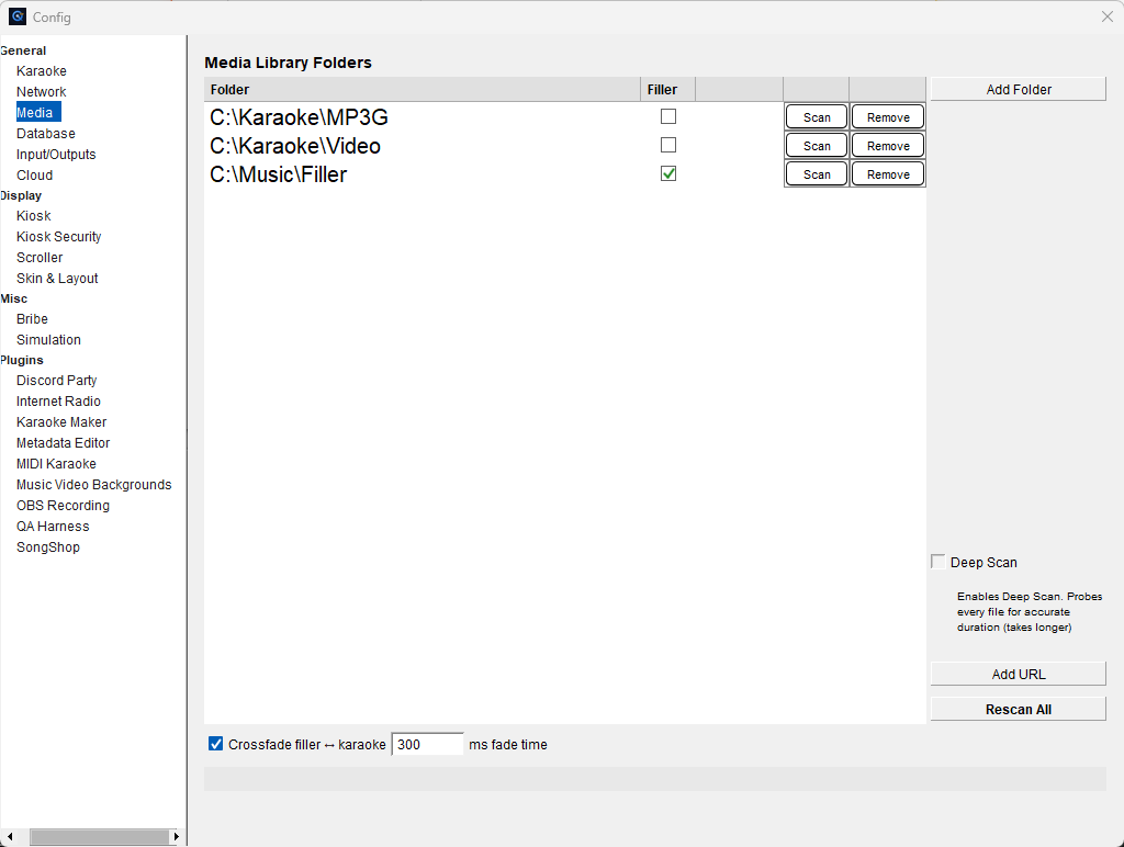 The Media pane of the Config window, listing karaoke folders