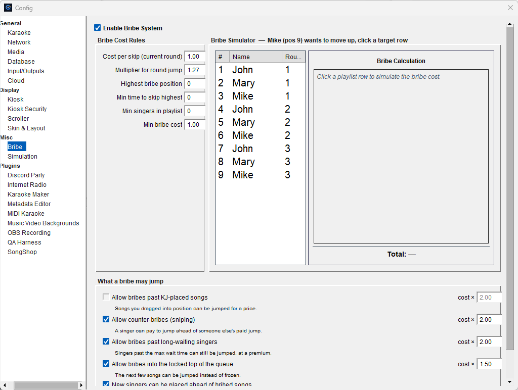 The Bribe pane of the Config window