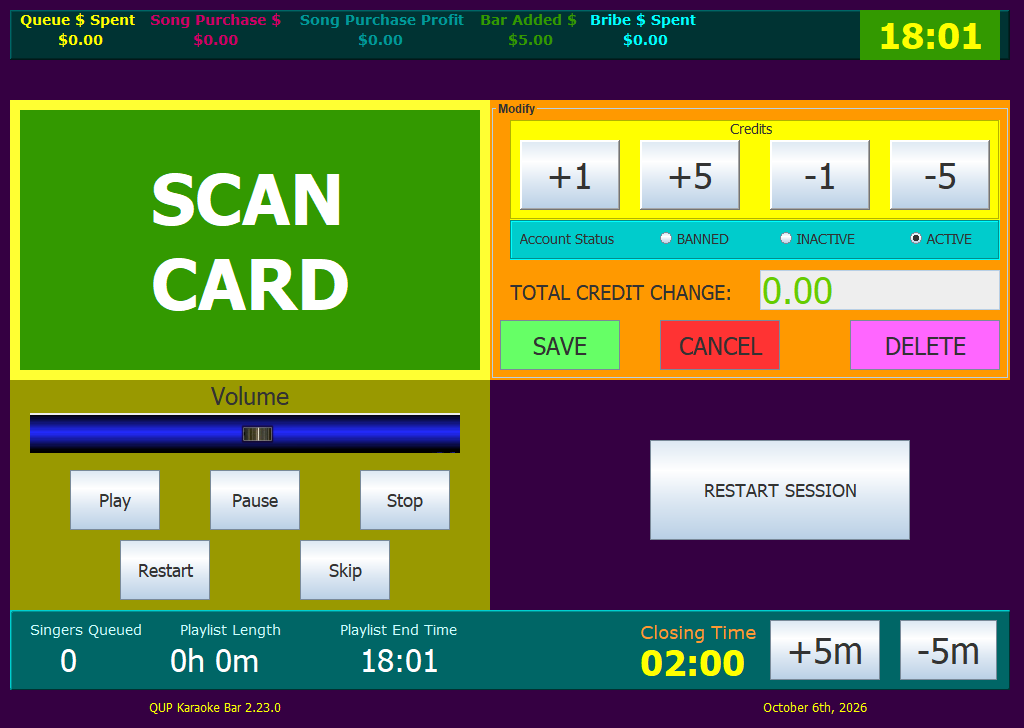 The bar terminal's main screen